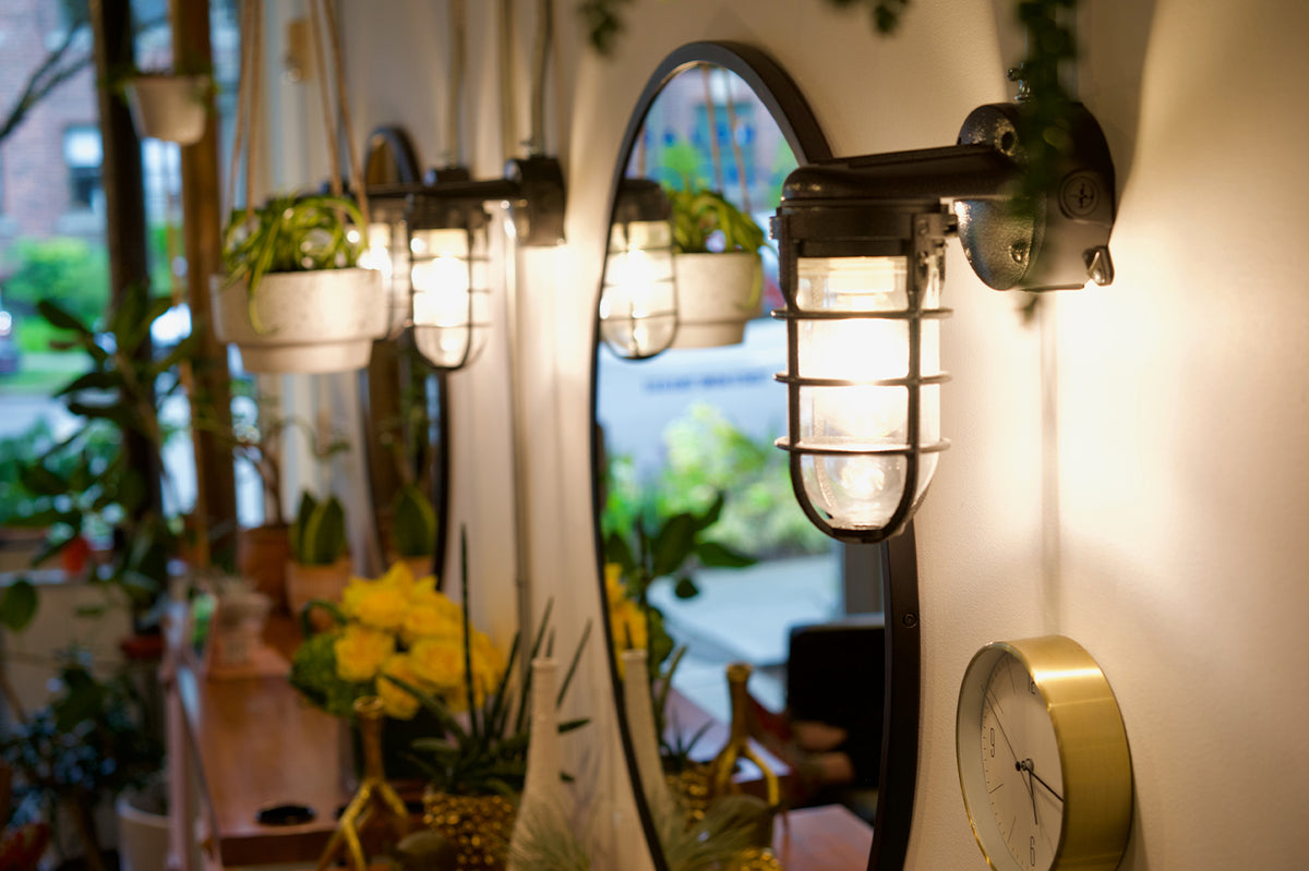Salon Moony interior lighting and stylist stations in Seattle